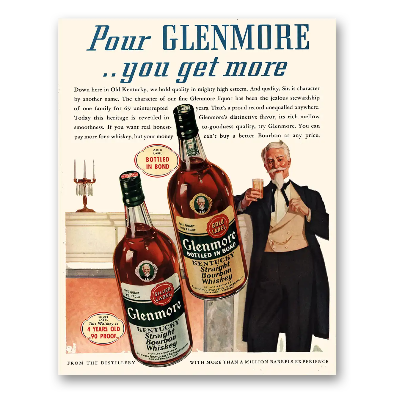 1941 Glenmore Whiskey Pour Glenmore You Get More Vintage Magazine Print Ad