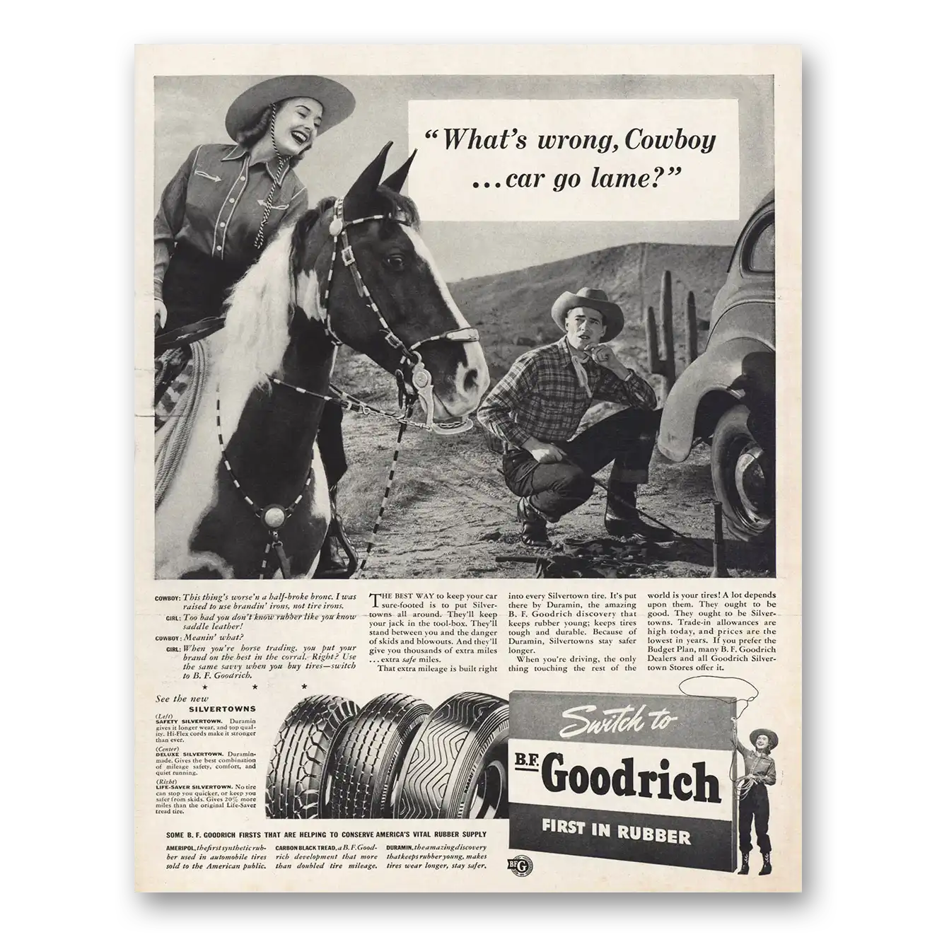 1941 Goodrich Tires Whats Wrong Cowboy Car Go Lame Vintage Magazine Print Ad