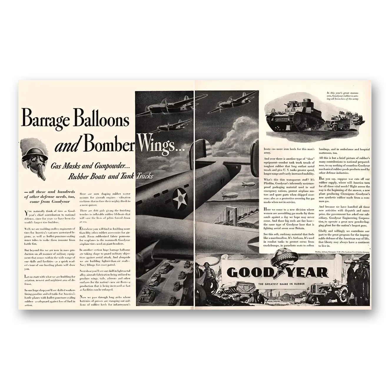 1941 Goodyear Tires Barrage Balloons Bomber Wings Vintage Magazine Print Ad