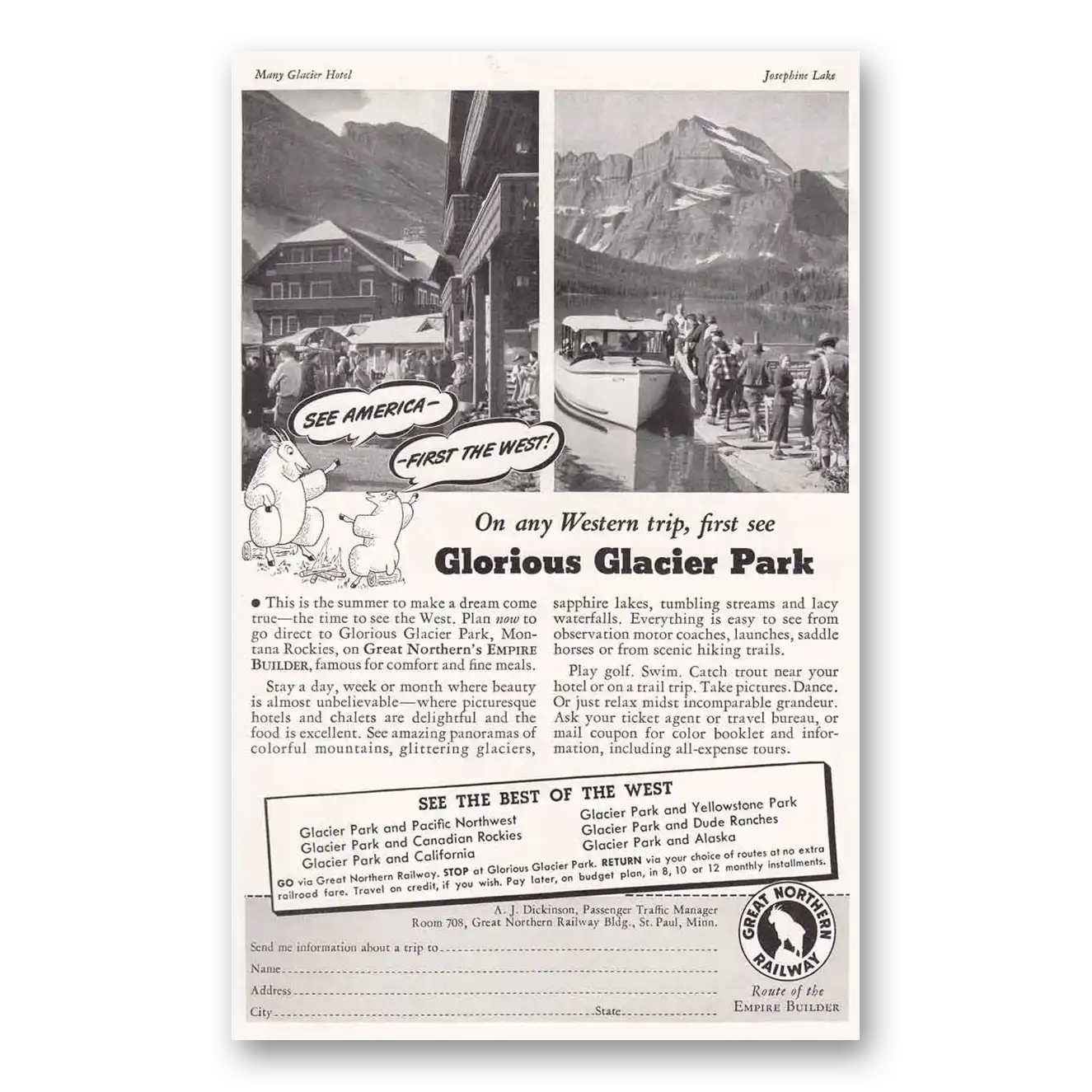 1941 Great Northern Railway Glacier Park See America First the West Vintage Magazine Print Ad