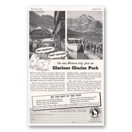 1941 Great Northern Railway Glacier Park See America First the West Vintage Magazine Print Ad