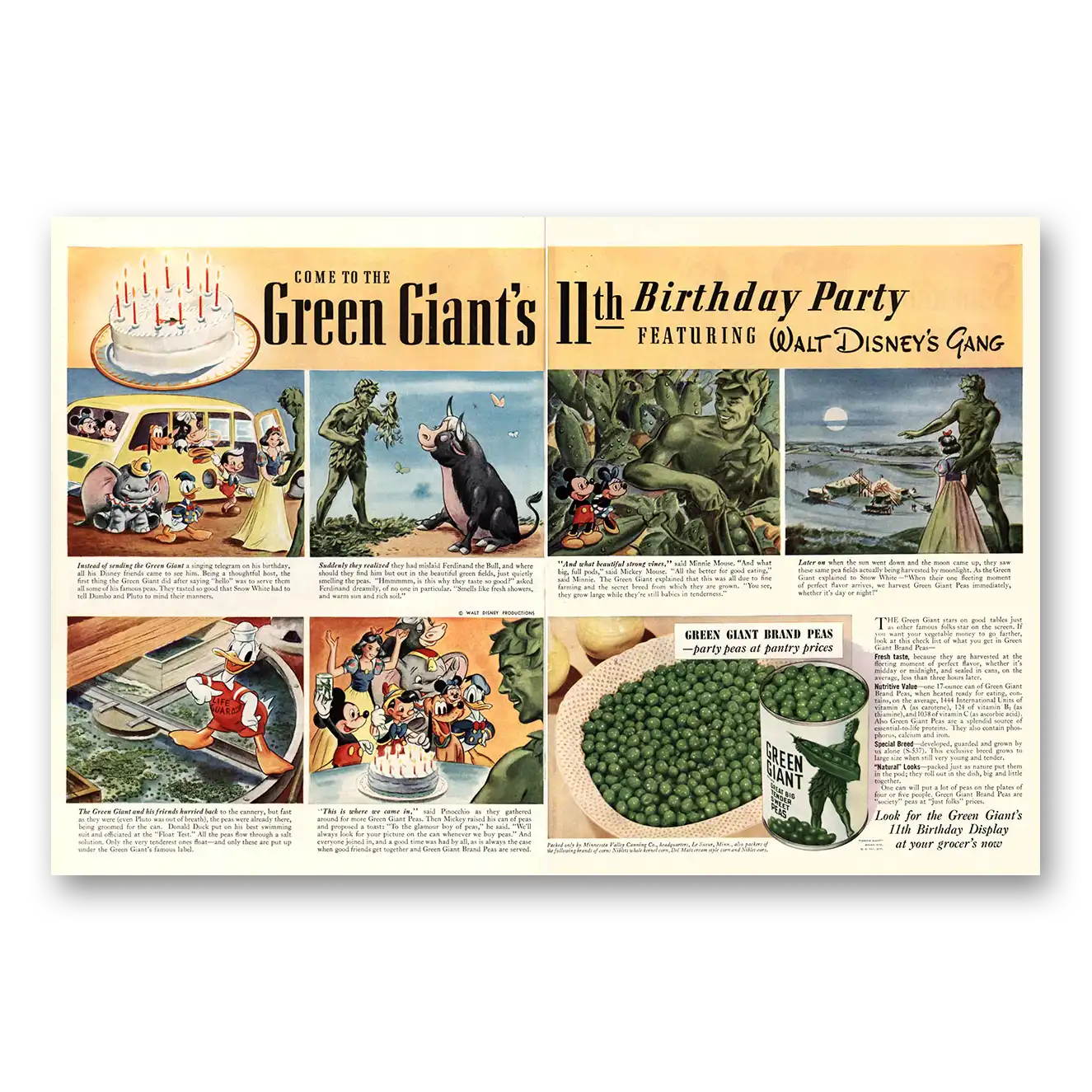 1941 Green Giant Birthday Party Walt Disneys Gang Vintage Magazine Print Ad