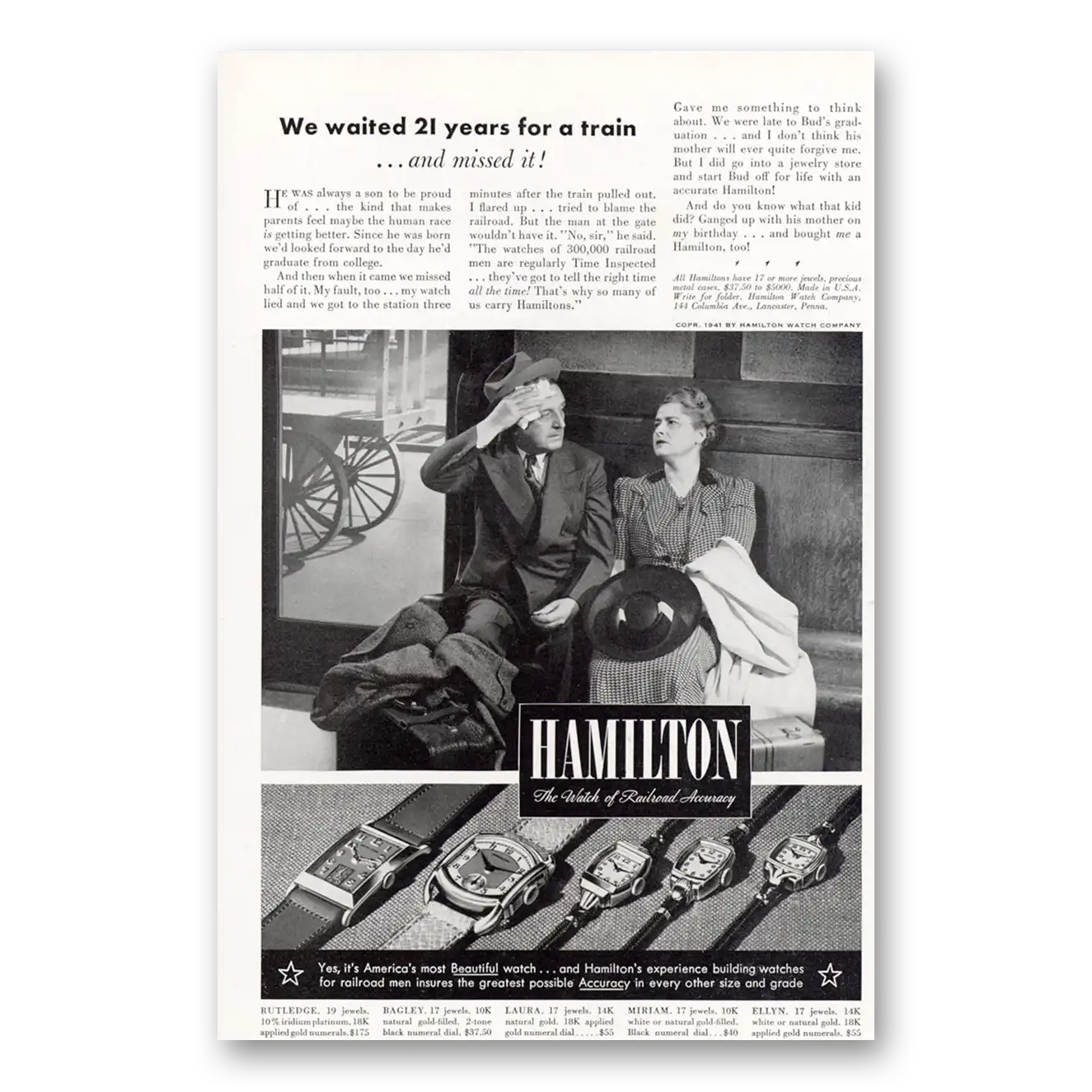 1941 Hamilton Watch We Waited 21 Years for a Train Vintage Magazine Print Ad