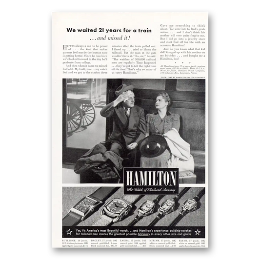 1941 Hamilton Watch We Waited 21 Years for a Train Vintage Magazine Print Ad