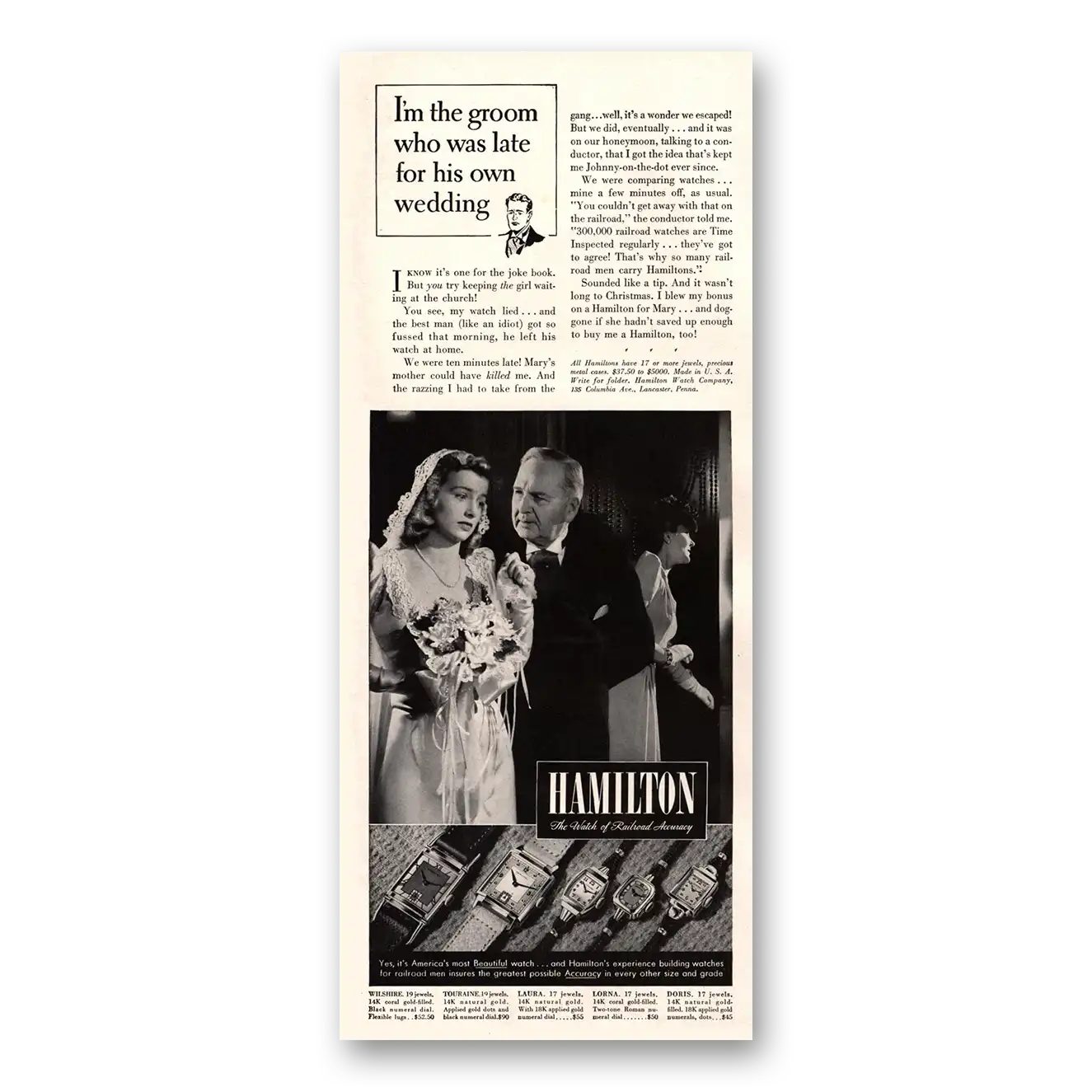 1941 Hamilton Watch Groom Who Was Late For His Own Wedding Vintage Magazine Print Ad
