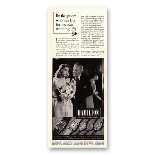 1941 Hamilton Watch Groom Who Was Late For His Own Wedding Vintage Magazine Print Ad