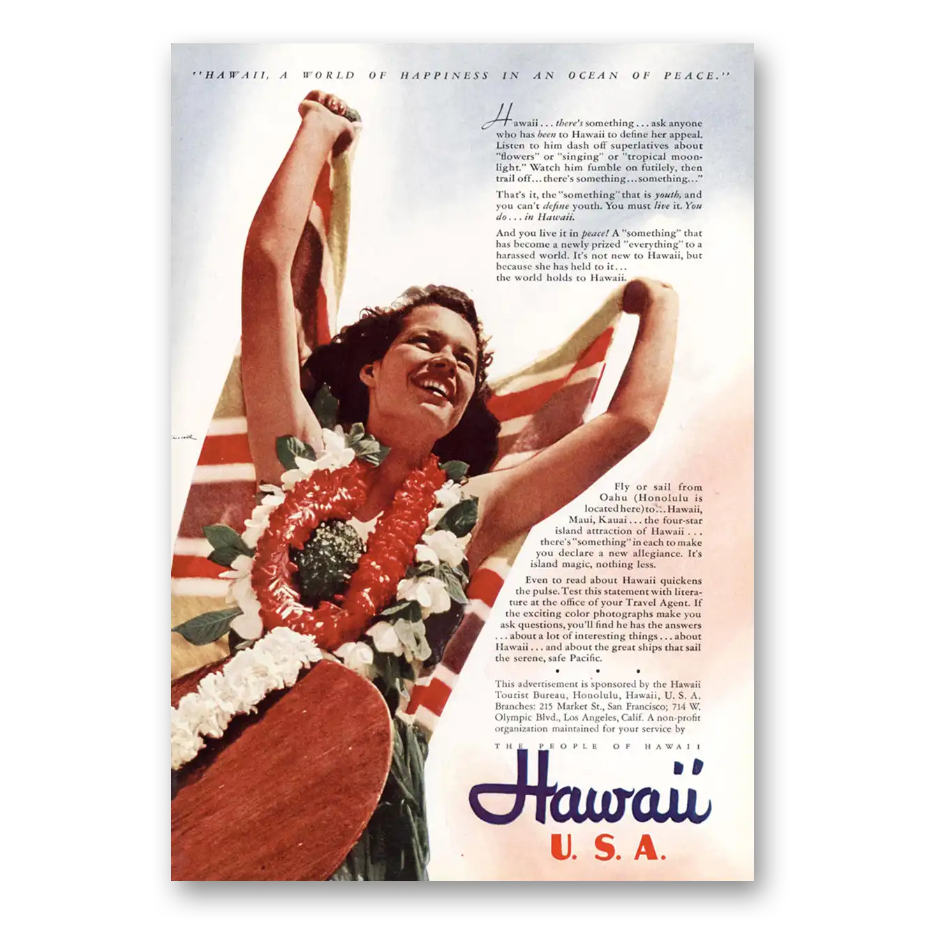 1941 Hawaii USA World of Happiness In an Ocean of Peace Vintage Magazine Print Ad