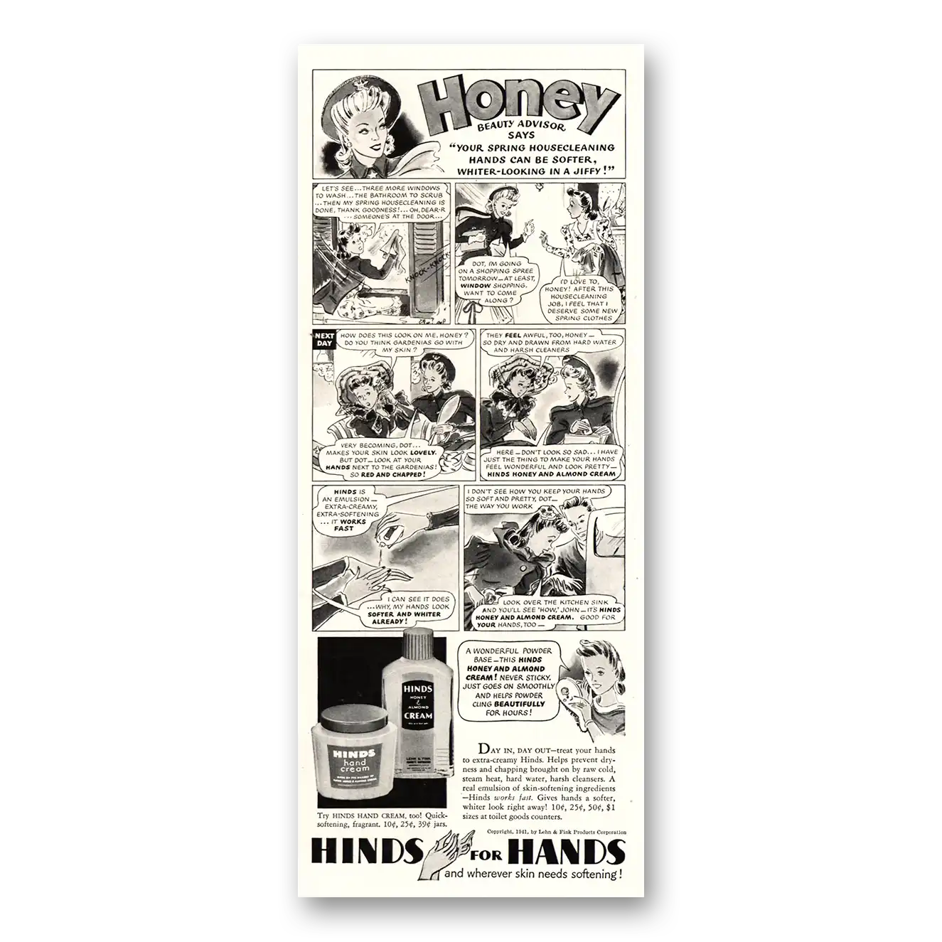 1941 Hinds for Hands Honey Beauty Advisor Vintage Magazine Print Ad