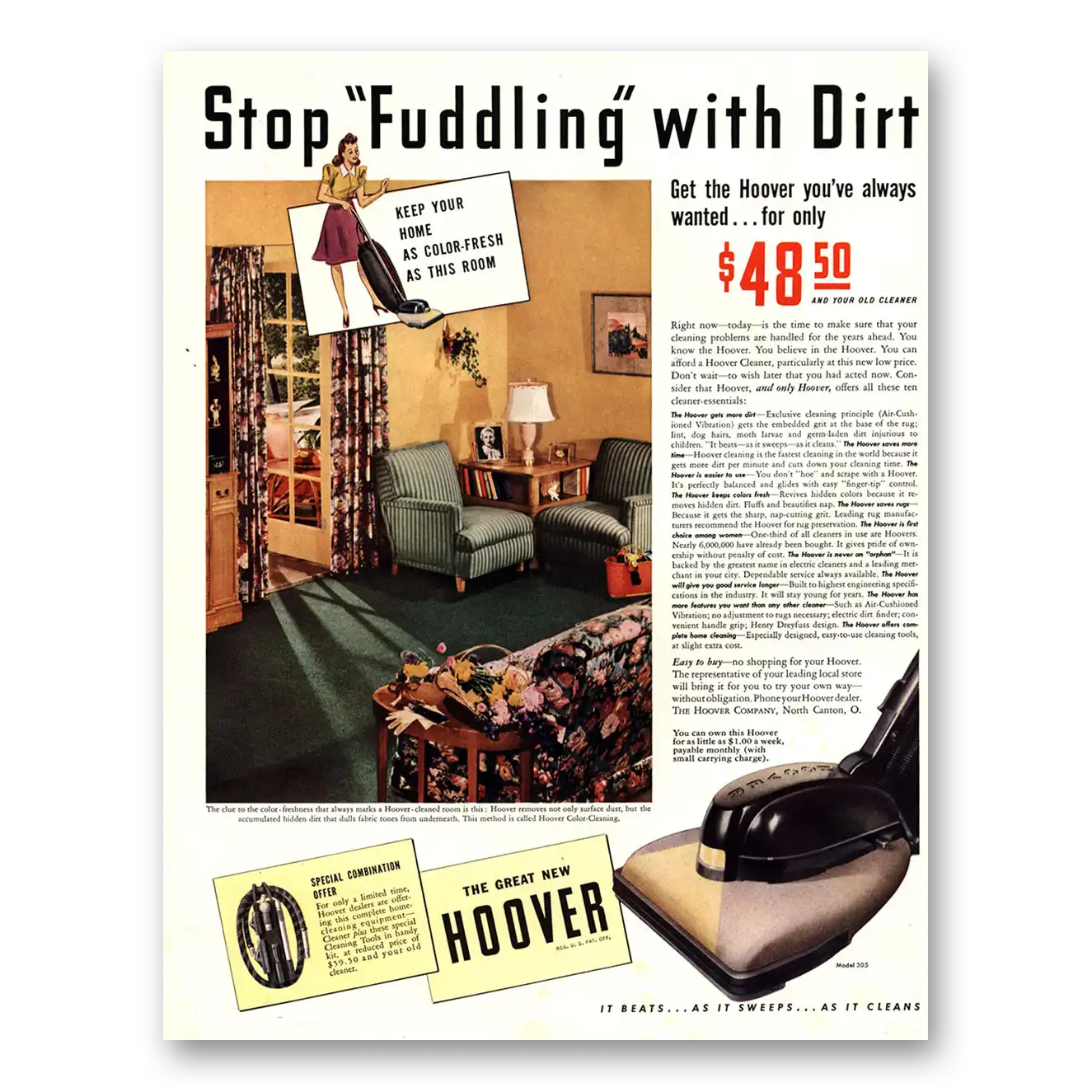 1941 Hoover Vacuum Stop Fuddling with Dirt Vintage Magazine Print Ad