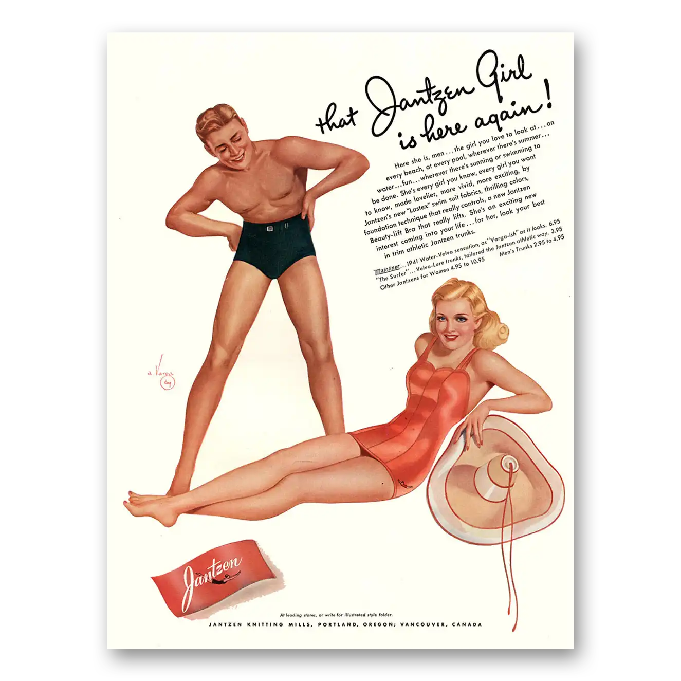 1941 Jantzen Girl Is Here Again Vintage Magazine Print Ad