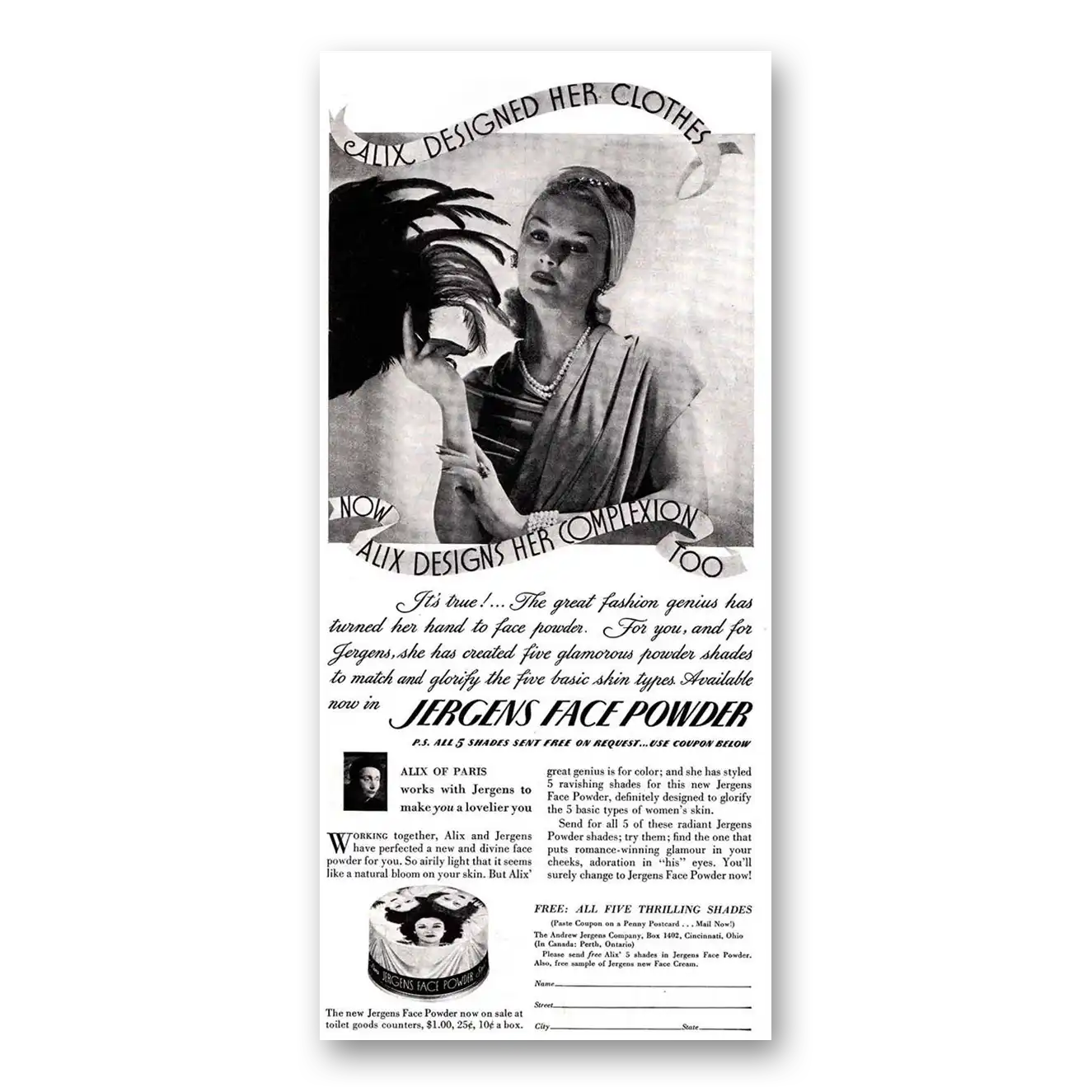 1941 Jergens Face Powder Alix of Paris Vintage Magazine Print Ad