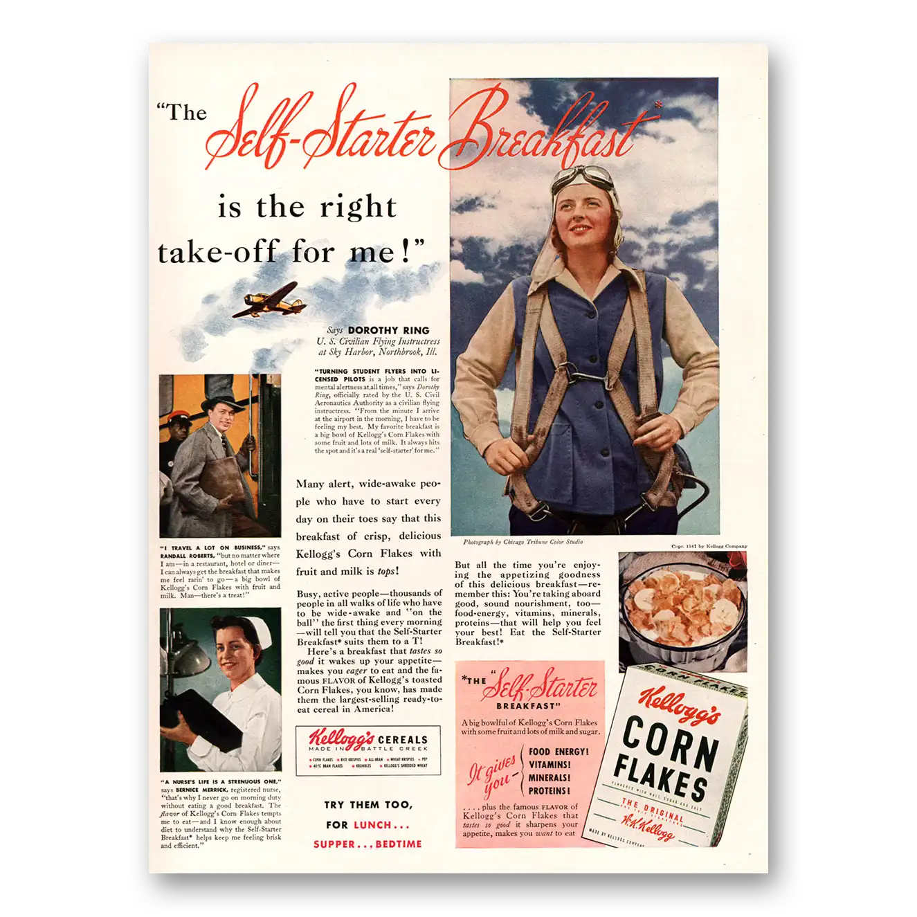 1941 Kelloggs Corn Flakes Dorothy Ring Take Off For Me Vintage Magazine Print Ad