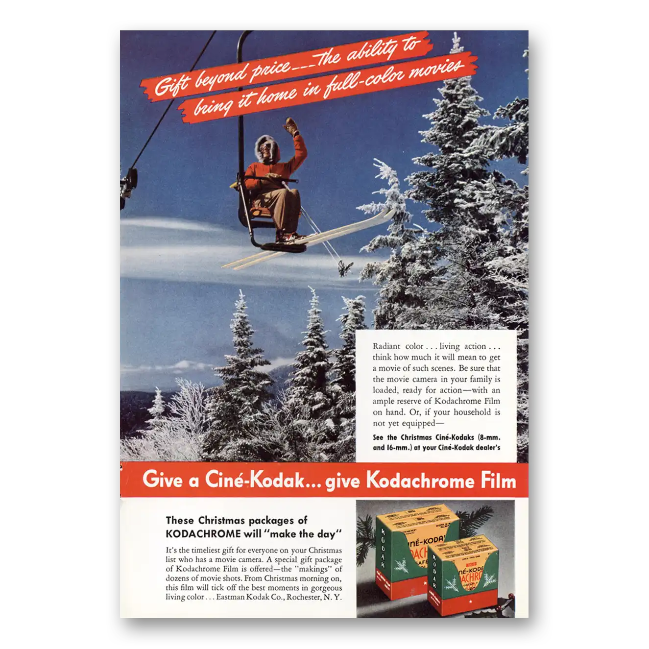 1941 Kodachrome Film Gift Beyond Price Ski Lift Vintage Magazine Print Ad