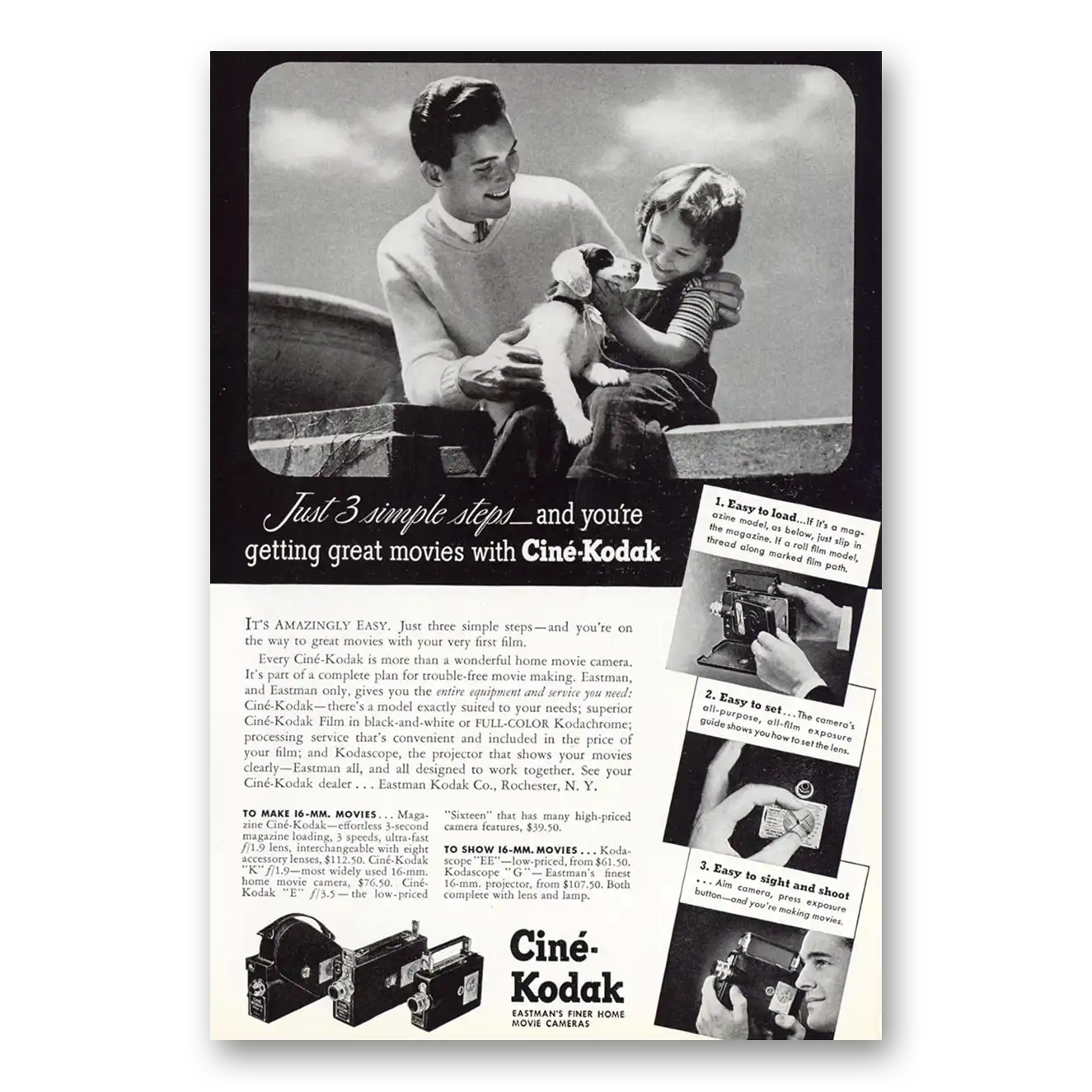 1941 Cine Kodak Camera Just 3 Simple Steps Puppy Vintage Magazine Print Ad