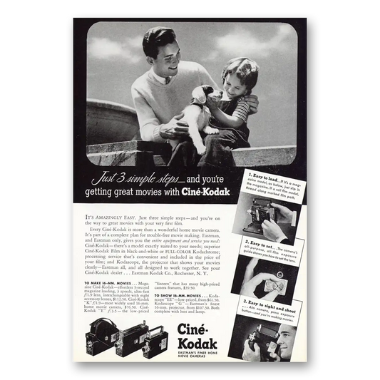 1941 Cine Kodak Camera Just 3 Simple Steps Puppy Vintage Magazine Print Ad