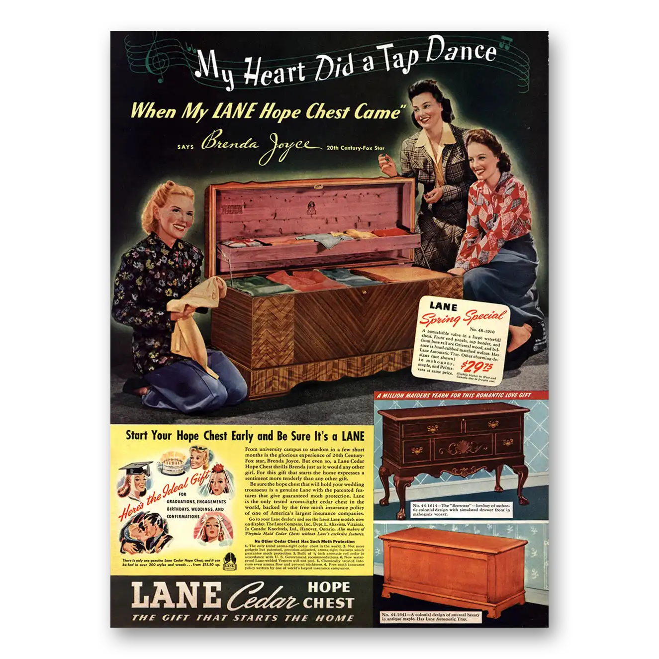 1941 Lane Cedar Hope Chest My Heart Did a Tap Dance Brenda Joyce Vintage Magazine Print Ad