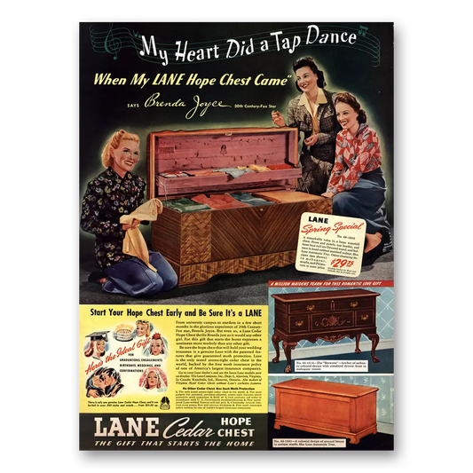 1941 Lane Cedar Hope Chest My Heart Did a Tap Dance Brenda Joyce Vintage Magazine Print Ad