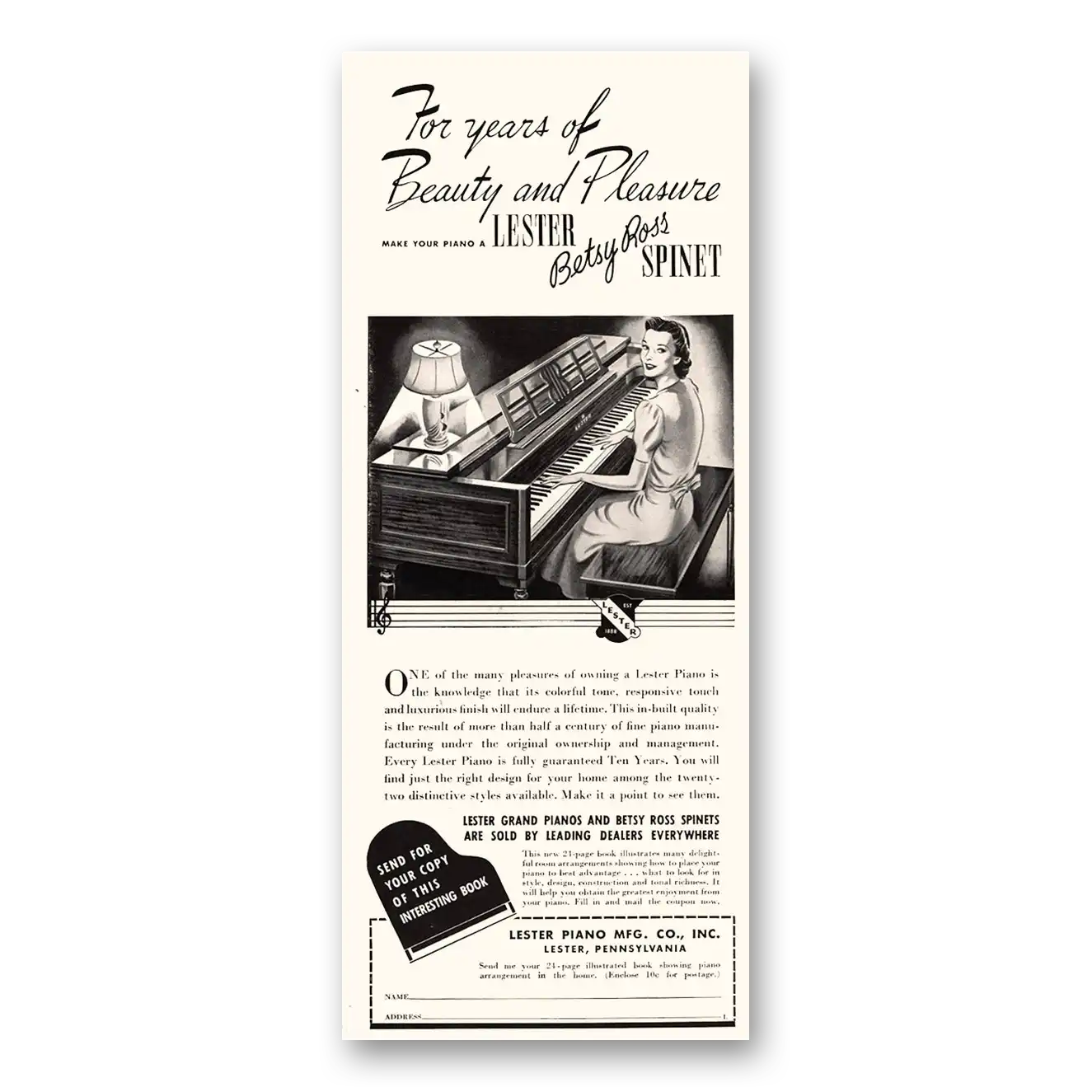 1941 Lester Piano Betsy Ross Spinet Piano Beauty and Pleasure Vintage Magazine Print Ad