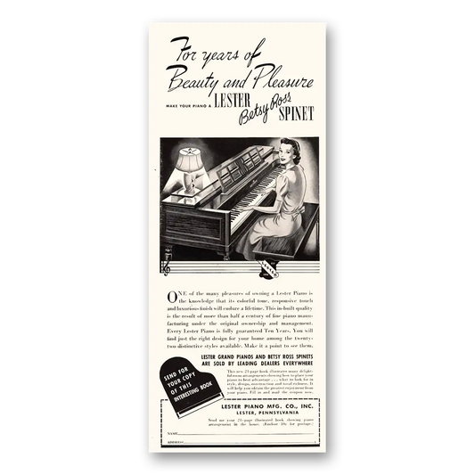 1941 Lester Piano Betsy Ross Spinet Piano Beauty and Pleasure Vintage Magazine Print Ad