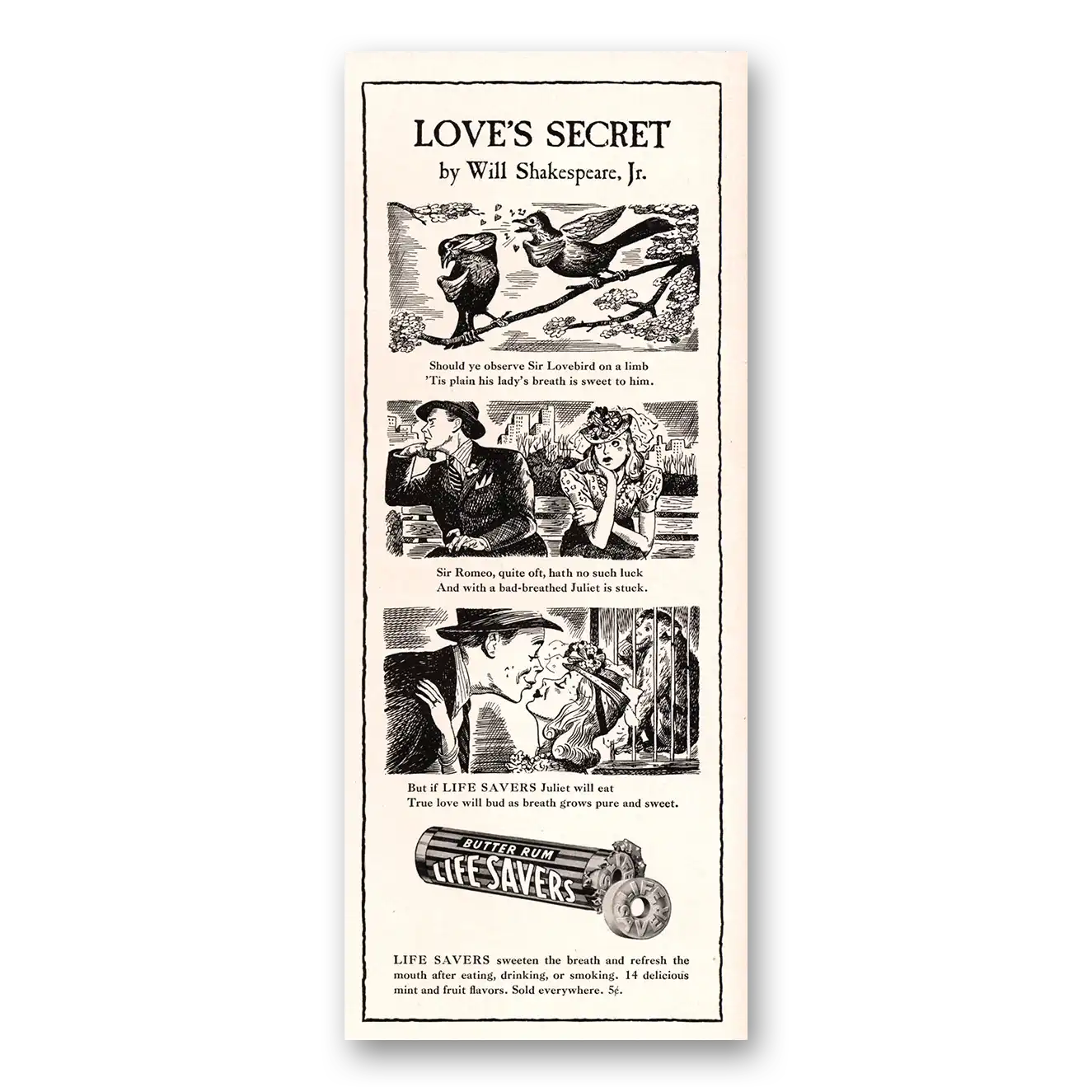 1941 Butter Rum Life Savers Love Secret Will Shakespeare Jr Vintage Magazine Print Ad