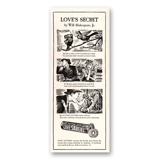 1941 Butter Rum Life Savers Love Secret Will Shakespeare Jr Vintage Magazine Print Ad