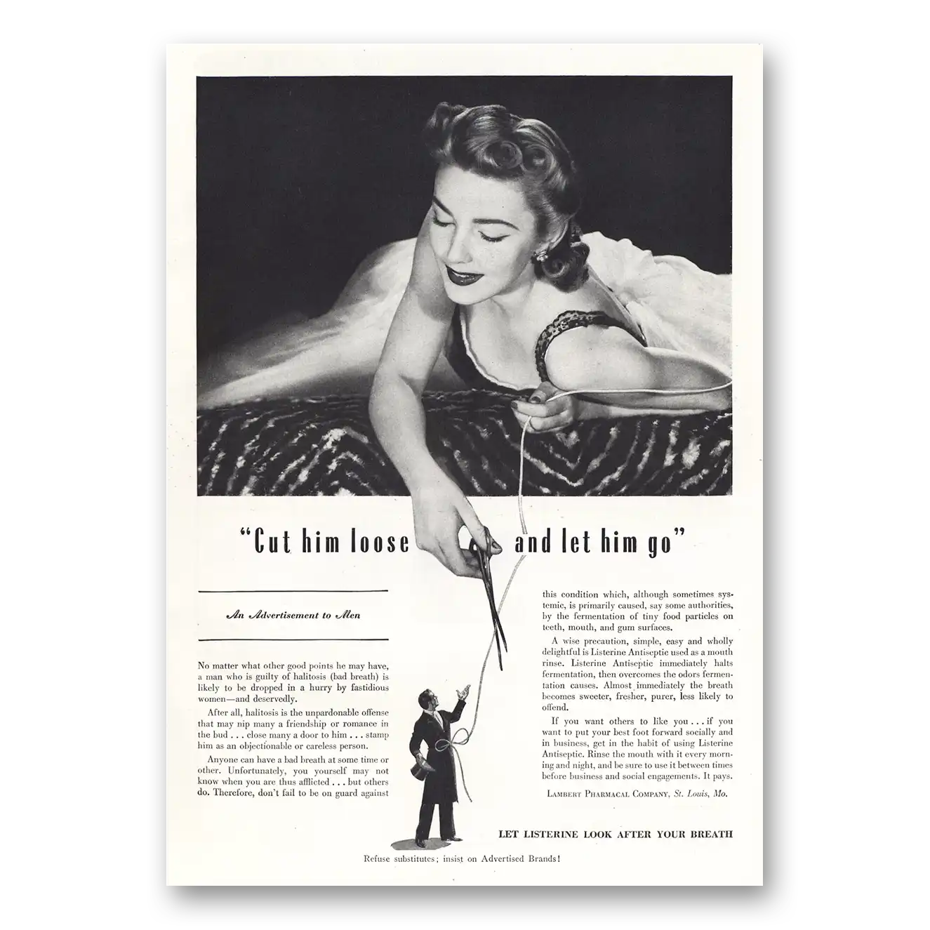 1941 Listerine Cut Him Loose and Let Him Go Vintage Magazine Print Ad