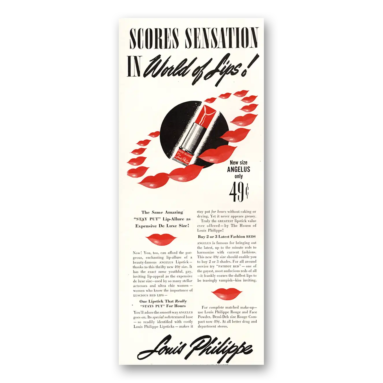 1941 Louis Philippe Lipstick Scores Sensation World of Lips Vintage Magazine Print Ad