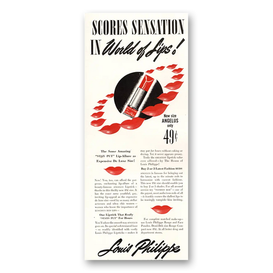 1941 Louis Philippe Lipstick Scores Sensation World of Lips Vintage Magazine Print Ad