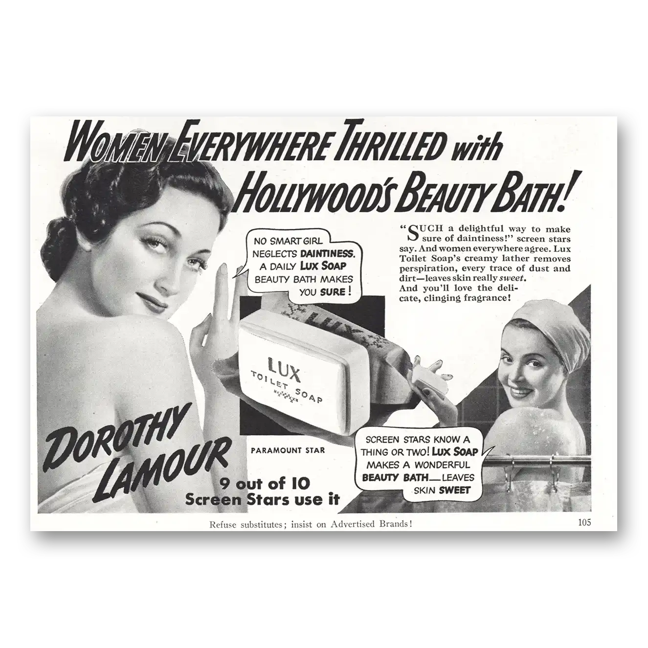 1941 Lux Soap Hollywoods Beauty Bath Dorothy Lamour Vintage Magazine Print Ad