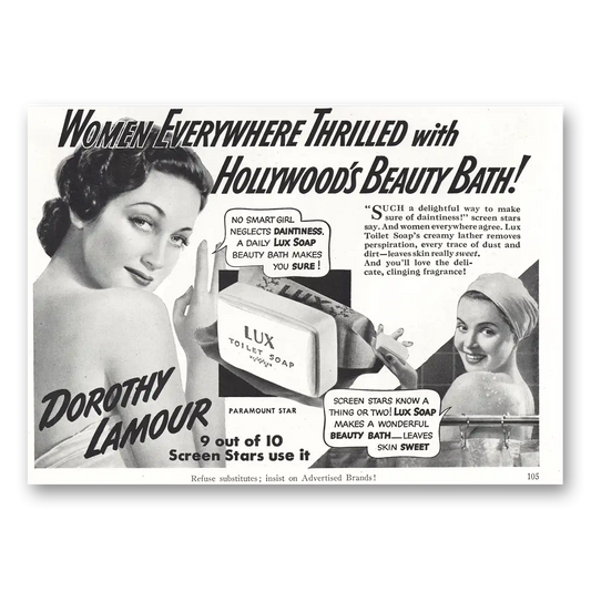 1941 Lux Soap Hollywoods Beauty Bath Dorothy Lamour Vintage Magazine Print Ad