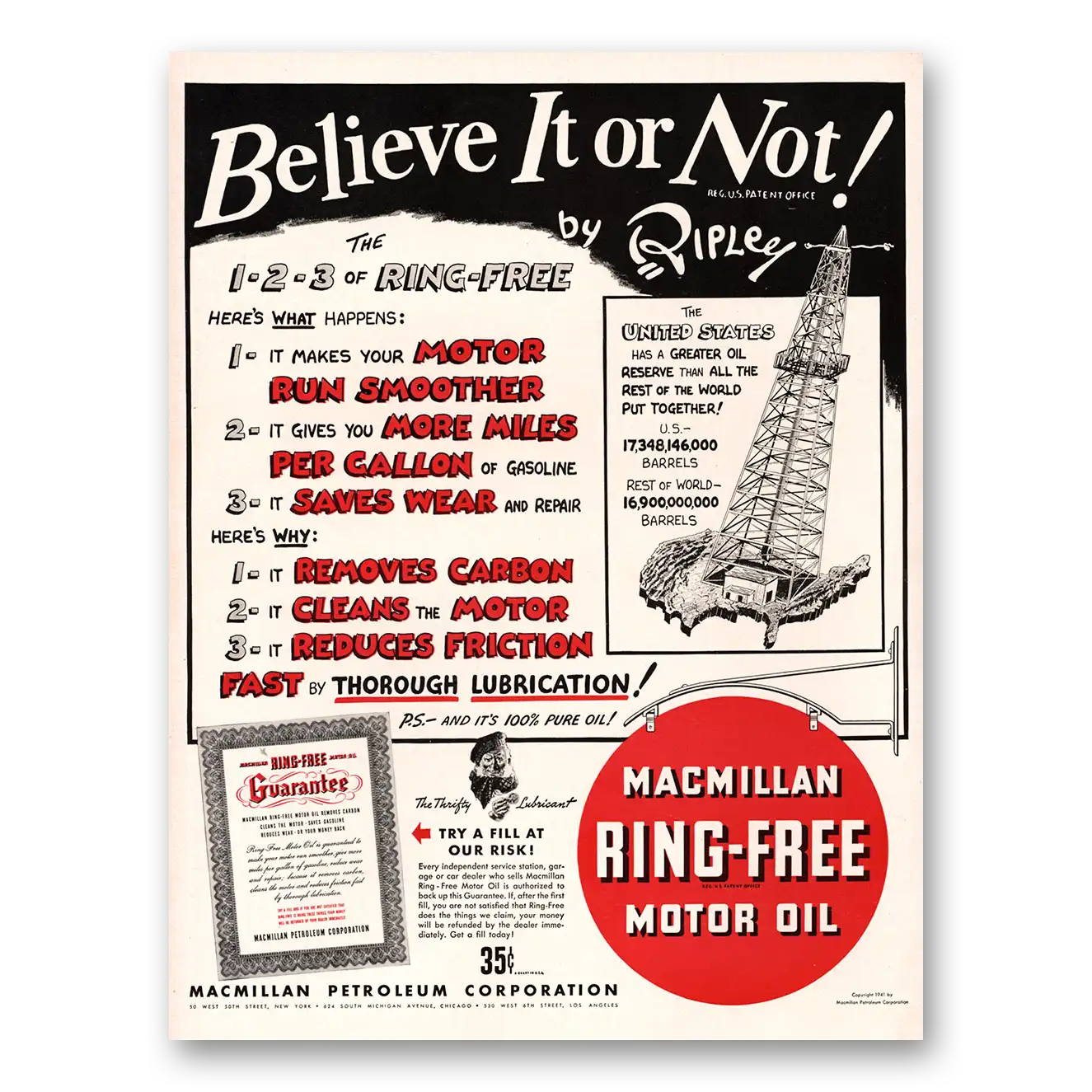 1941 Macmillan Oil Ring Free Motor Oil Believe It Or Not Vintage Magazine Print Ad