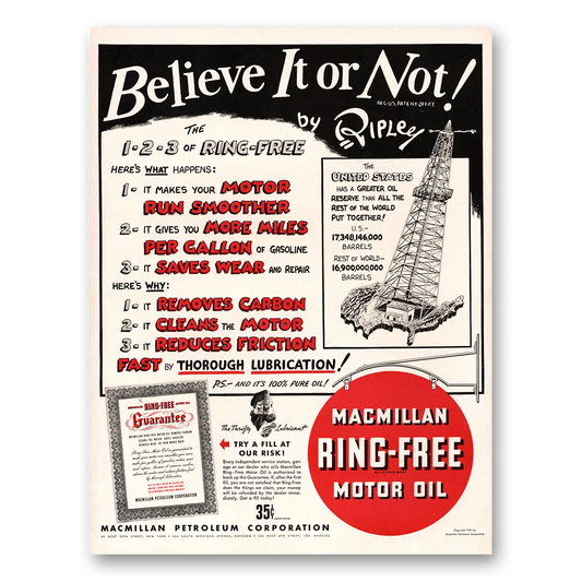 1941 Macmillan Oil Ring Free Motor Oil Believe It Or Not Vintage Magazine Print Ad