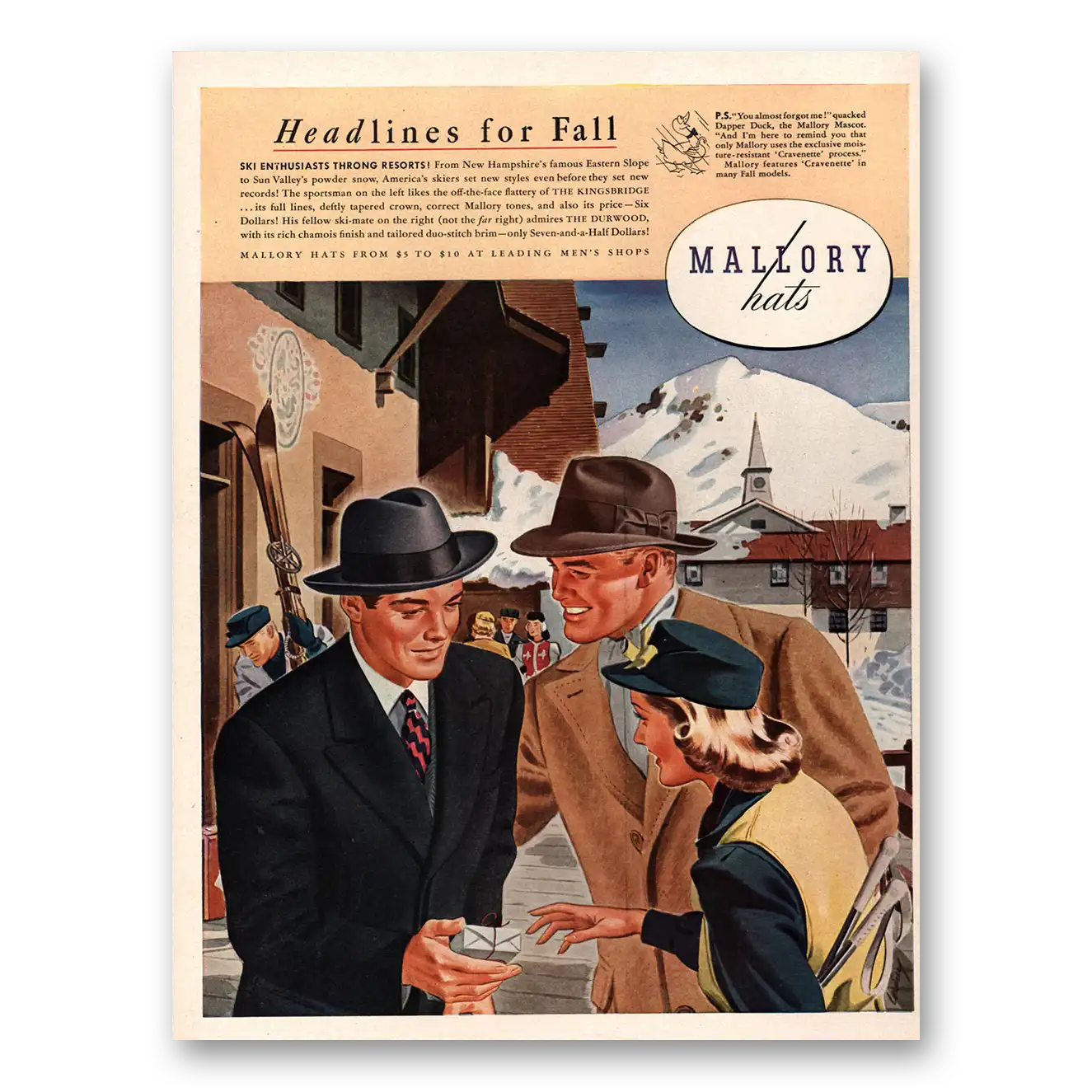 1941 Mallory Hats Ski Enthusiasts Throng Resorts Vintage Magazine Print Ad