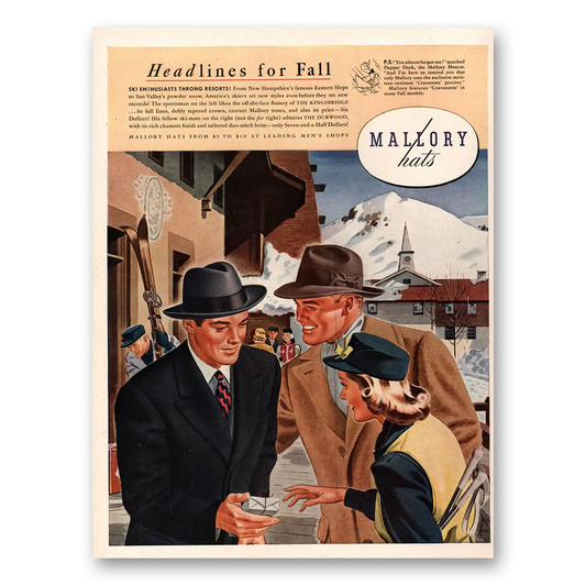 1941 Mallory Hats Ski Enthusiasts Throng Resorts Vintage Magazine Print Ad