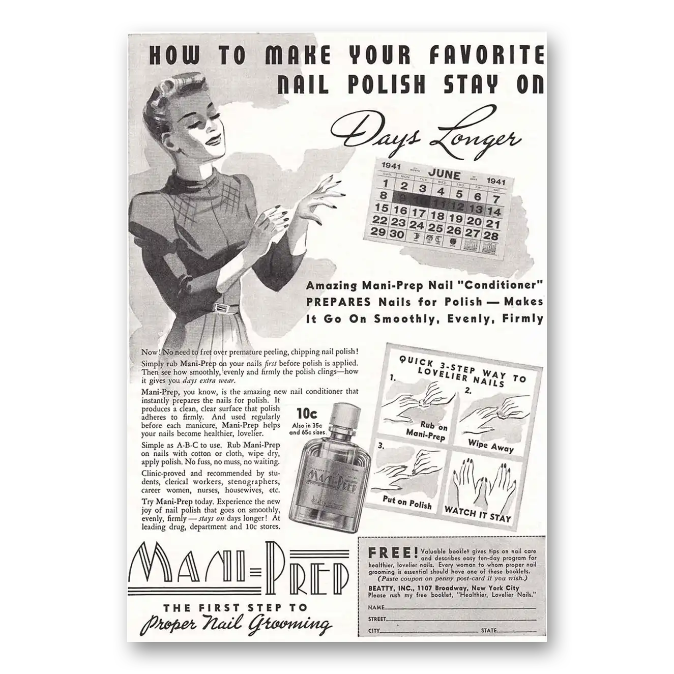 1941 Mani Prep Nail Conditioner Make Your Favorite Nail Polish Stay On Vintage Magazine Print Ad