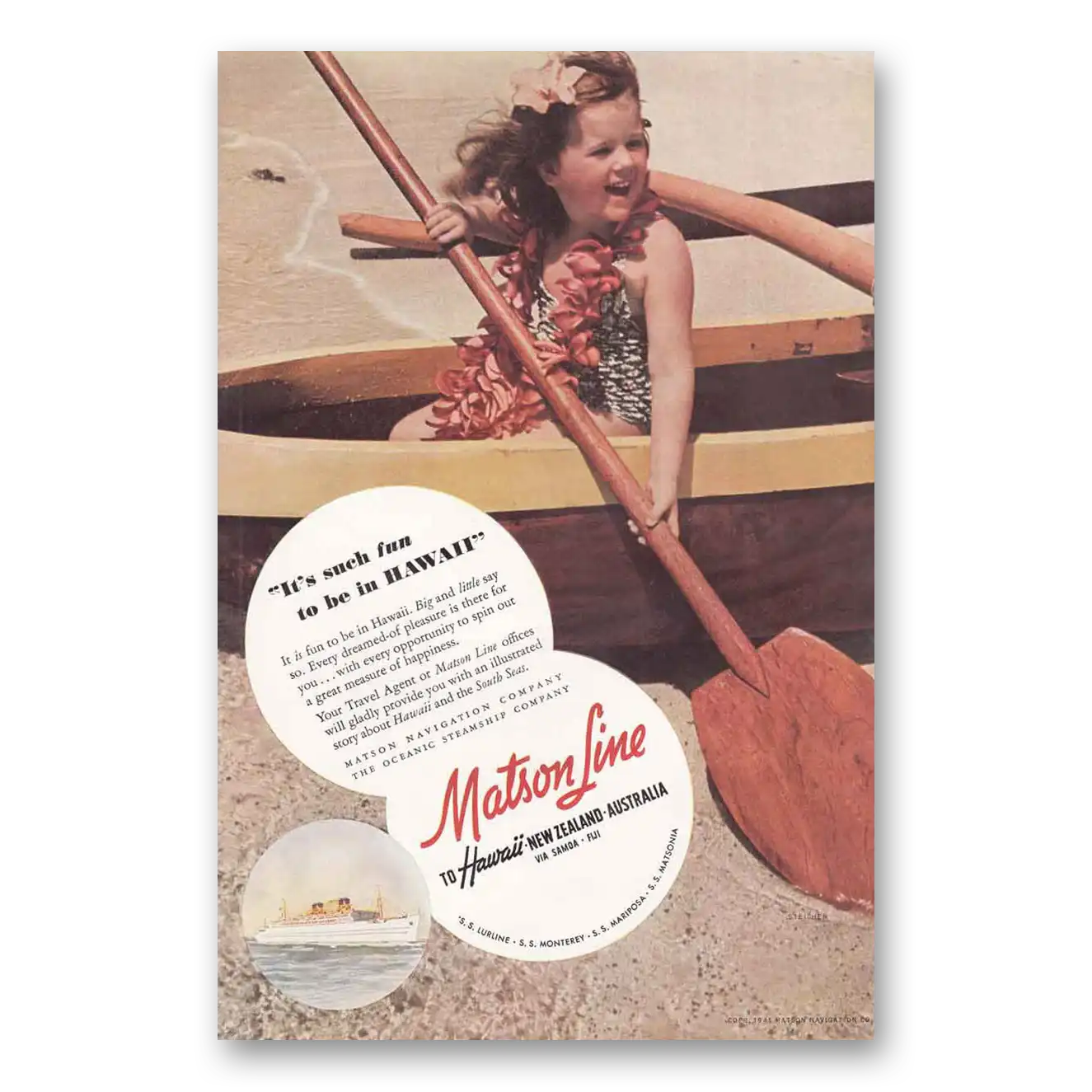 1941 Matson Line Such Fun to Be In Hawaii Vintage Magazine Print Ad