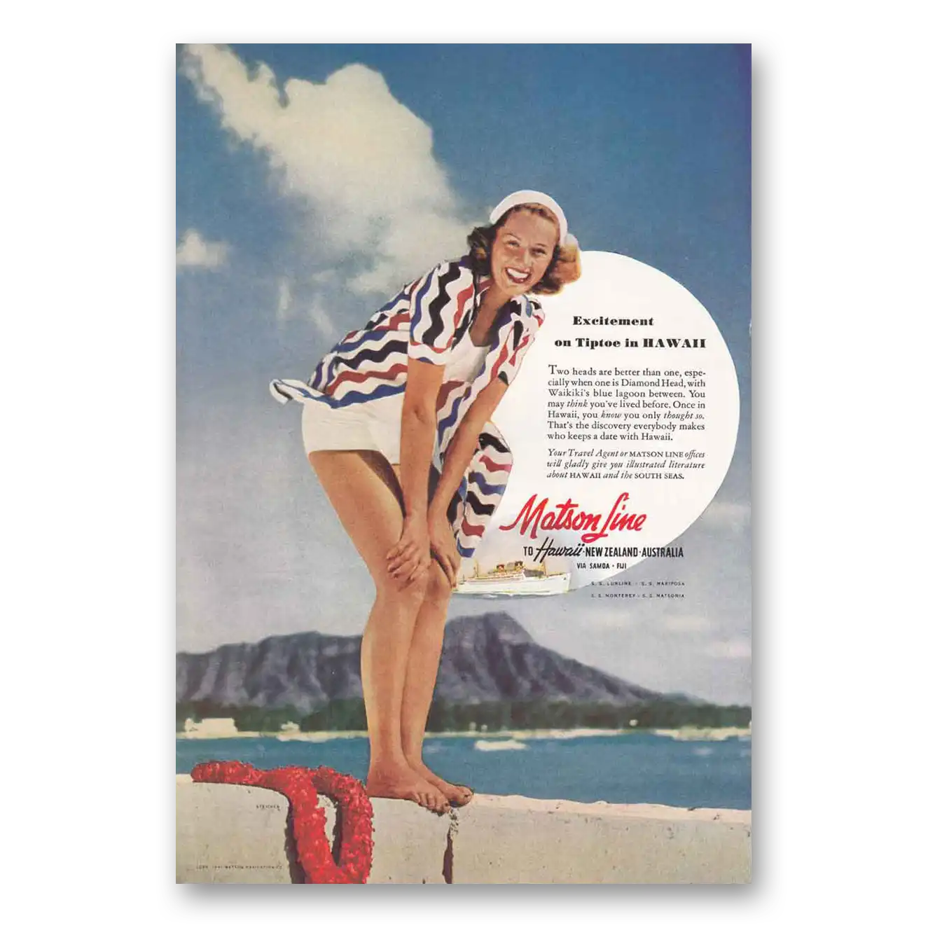 1941 Matson Line Excitement On Tiptoe In Hawaii Vintage Magazine Print Ad