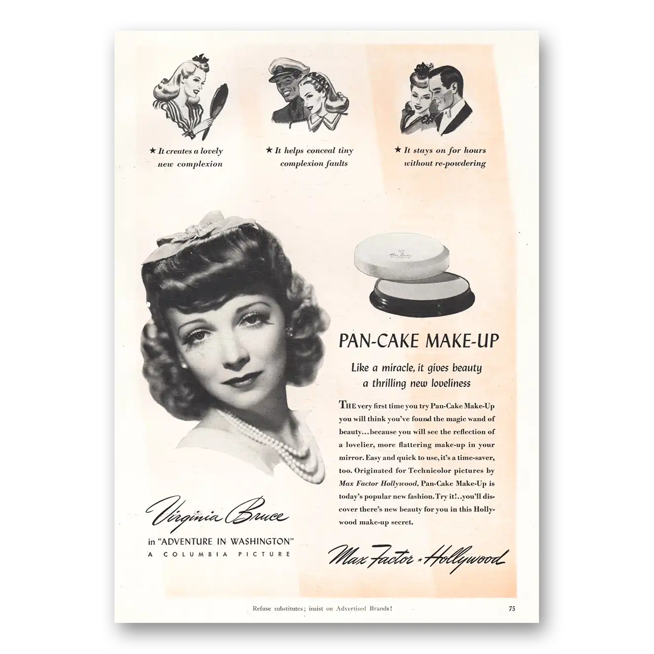 1941 Max Factor Pan Cake Make Up Hollywood Pan Cake Make Up Virginia Bruce Vintage Magazine Print Ad