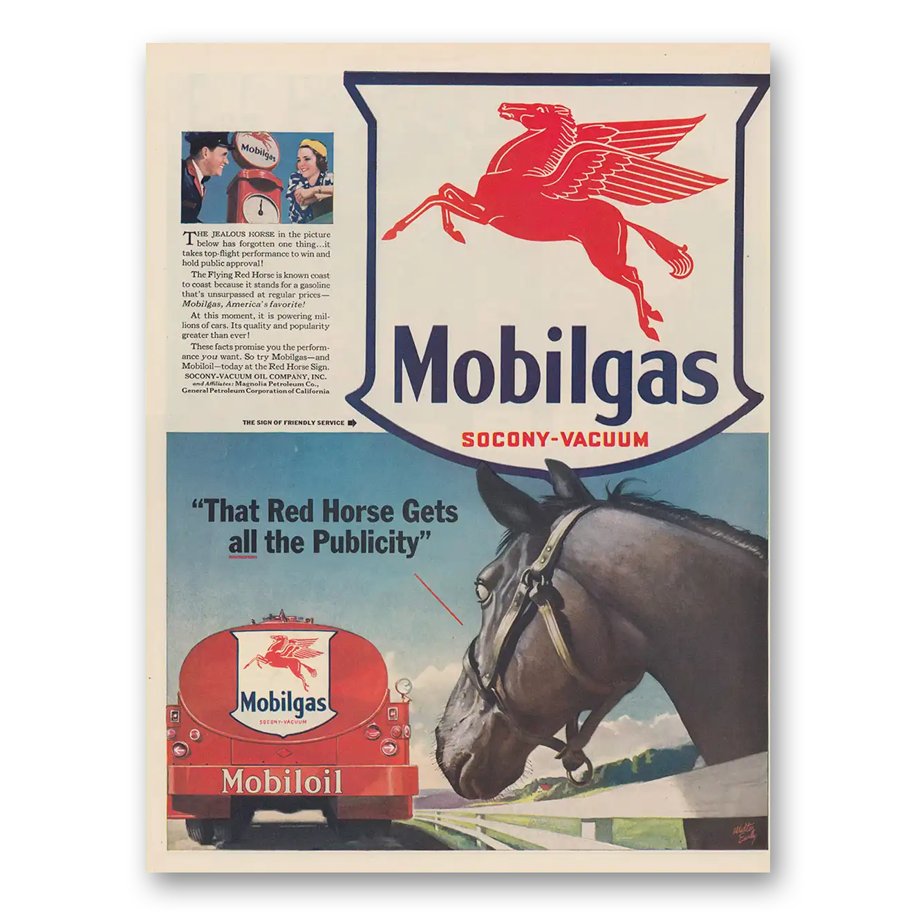 1941 Mobilgas That Red Horse Gets All the Publicity Vintage Magazine Print Ad