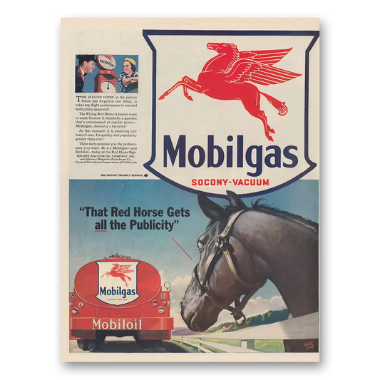 1941 Mobilgas That Red Horse Gets All the Publicity Vintage Magazine Print Ad