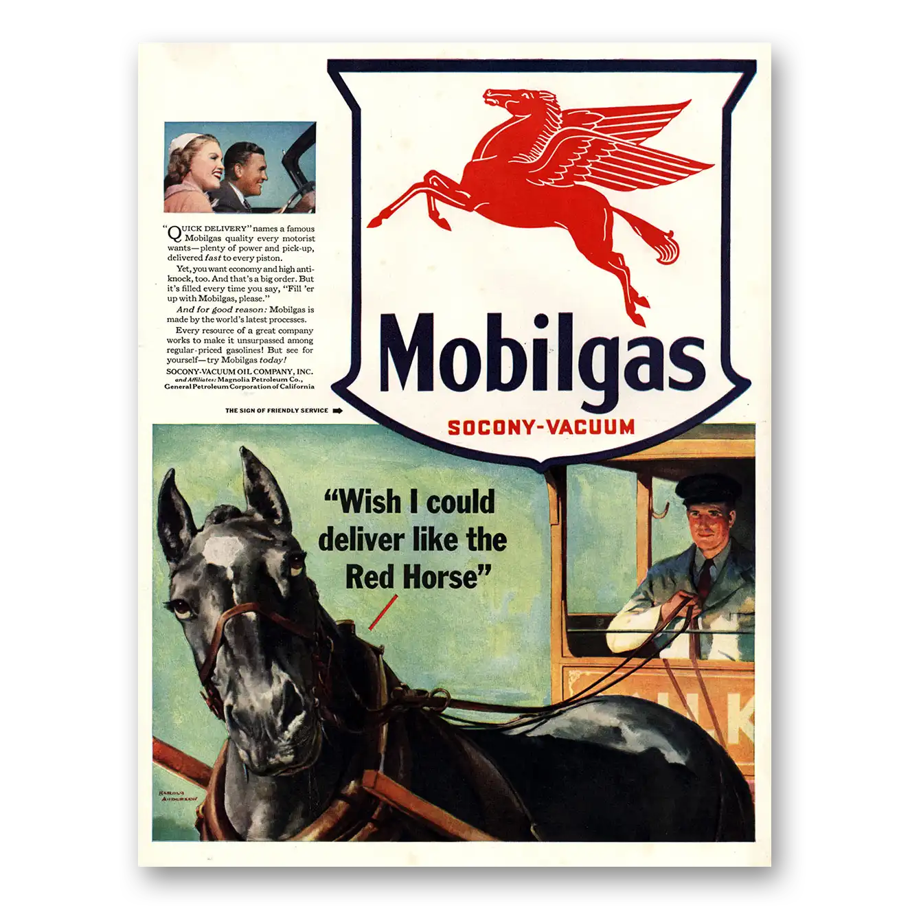 1941 Mobilgas Wish I Could Deliver Like the Red Horse Vintage Magazine Print Ad