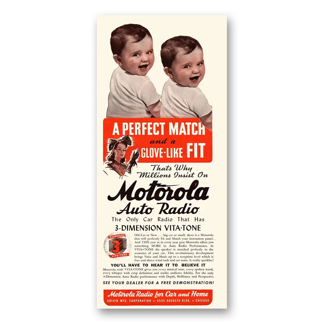 1941 Motorola Radio Auto Radio Perfect Match Glove Like Fit Vintage Magazine Print Ad