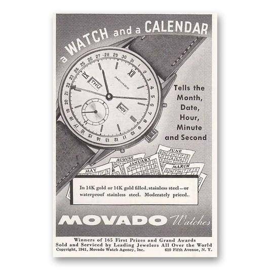 1941 Movado Watch Calendar Vintage Magazine Print Ad