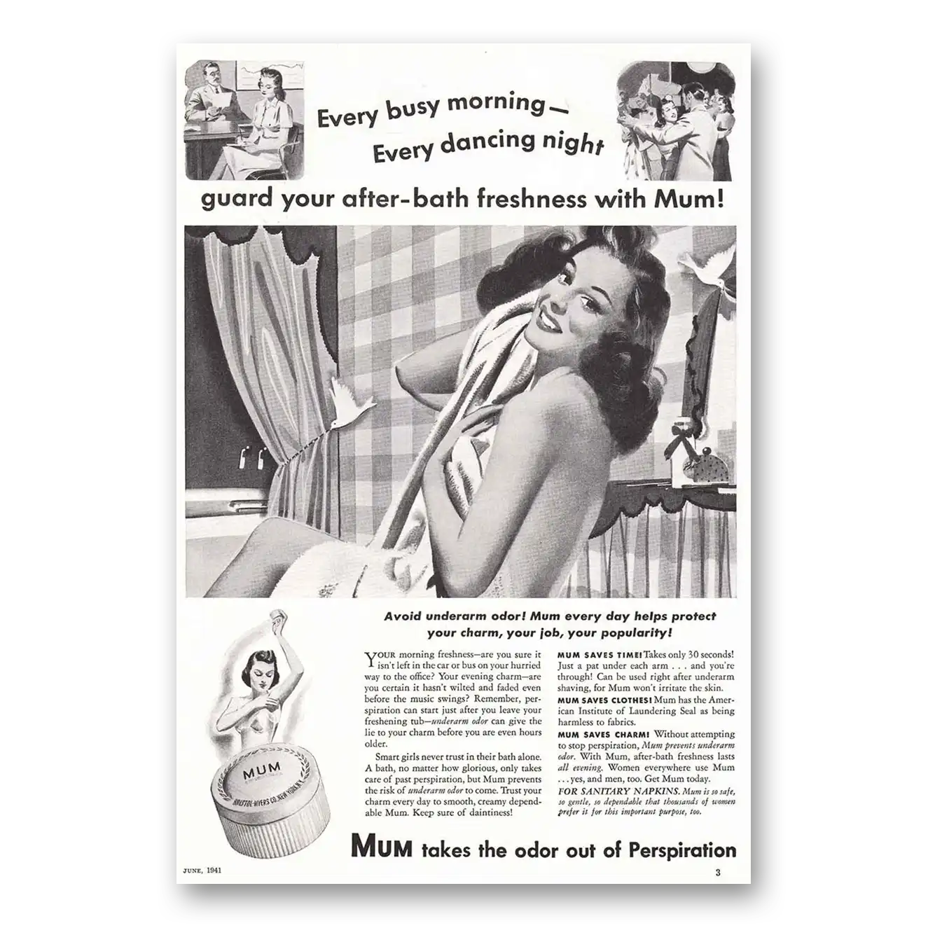 1941 Mum Deoderant Busy Morning Dancing Night Vintage Magazine Print Ad