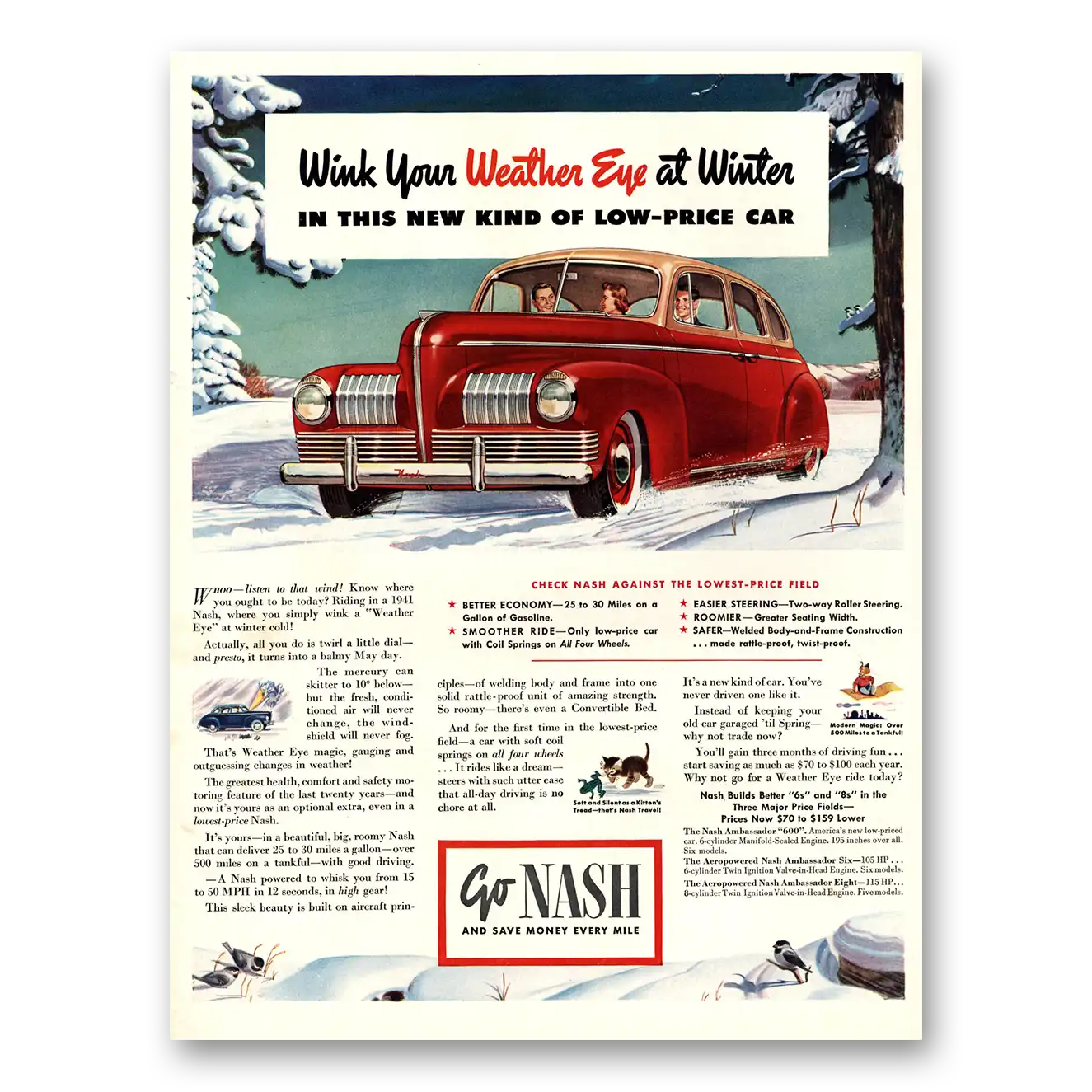 1941 Nash Motors Wink Your Weather Eye at Winter Vintage Magazine Print Ad