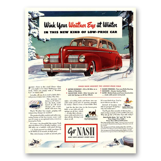 1941 Nash Motors Wink Your Weather Eye at Winter Vintage Magazine Print Ad