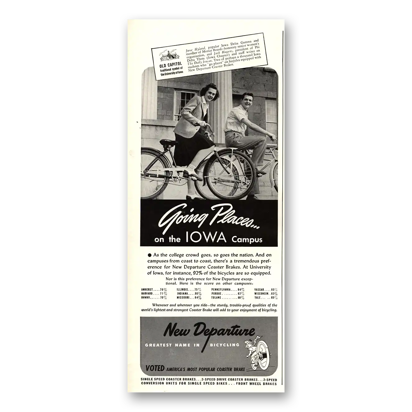 1941 New Departure Bicycles University of Iowa Vintage Magazine Print Ad