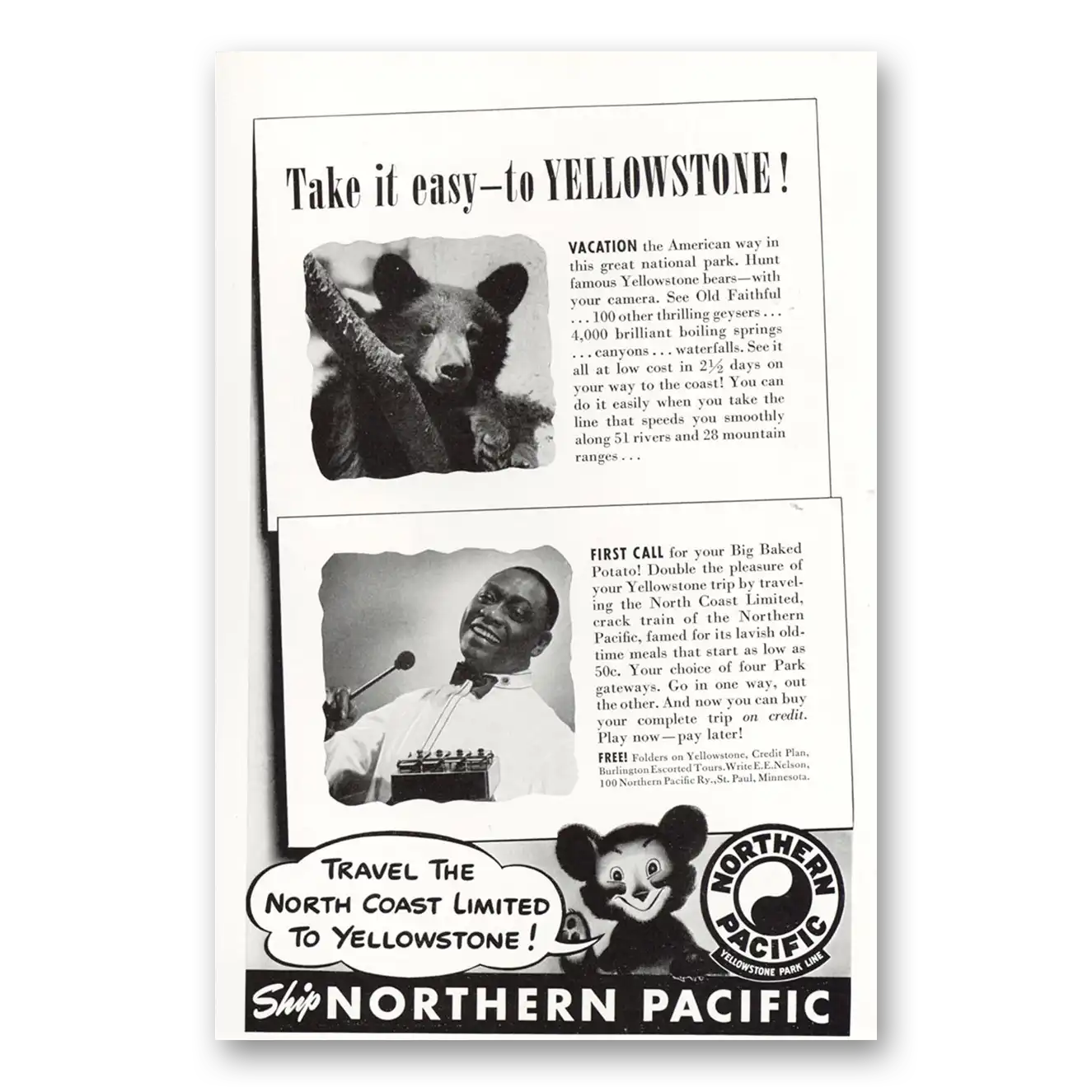 1941 Northern Pacific Railway Take It Easy to Yellowstone Vintage Magazine Print Ad