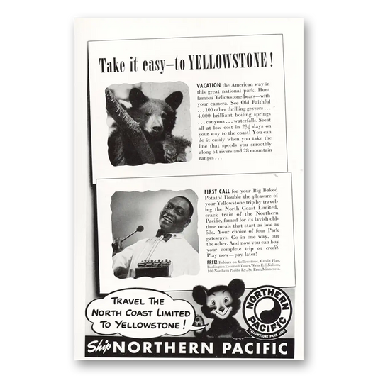 1941 Northern Pacific Railway Take It Easy to Yellowstone Vintage Magazine Print Ad