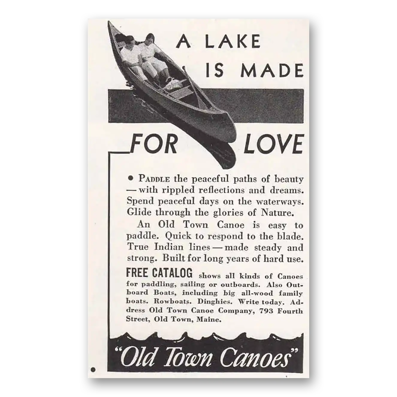 1941 Old Town Canoe Lake Is Made for Love Vintage Magazine Print Ad